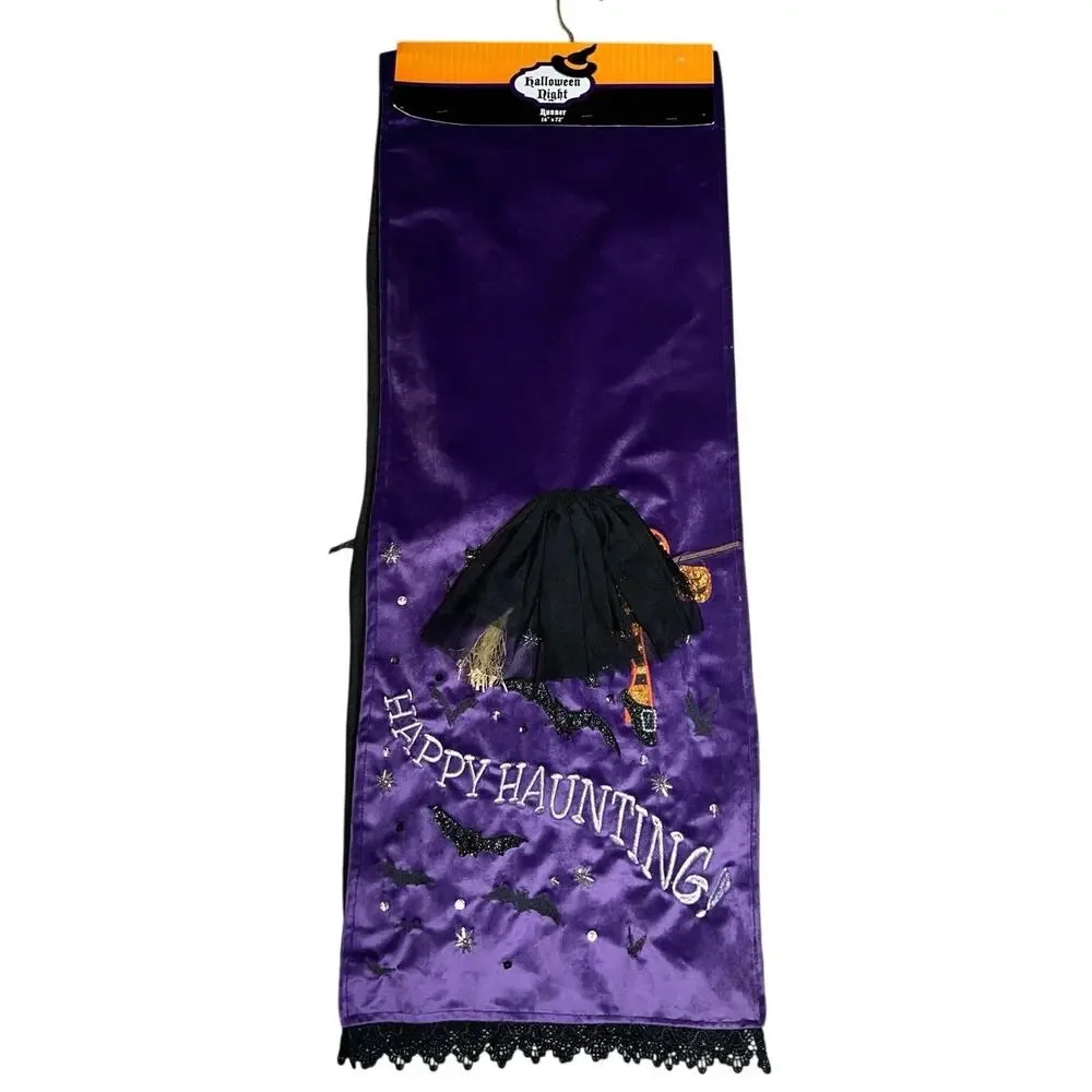 Halloween whimsy purple velvet witch on broom table runner home decor new 14x72